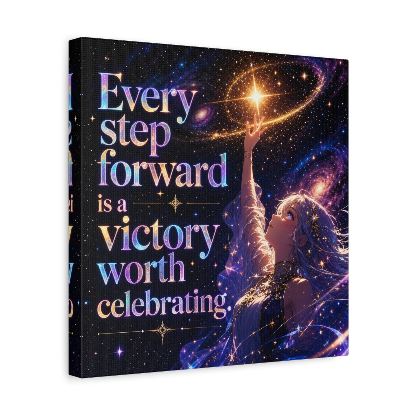 "Every Step Forward Is A Victory Worth Celebrating" Inspirational Canvas Wall Art - Cosmic Anime Girl Galaxy Quote Print - Celestial Purple Blue Decor - Bedroom Home Decoration - Office Wall Art