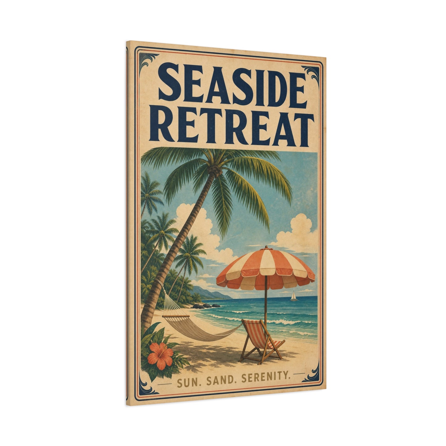 "Seaside Retreat" Tropical Beach Canvas Wall Art - Vintage Coastal Palm Tree Hammock Poster Print, Sun Sand Serenity Typography, Retro Ocean Decor For Bedroom Living Room - Living Room Wall Decor