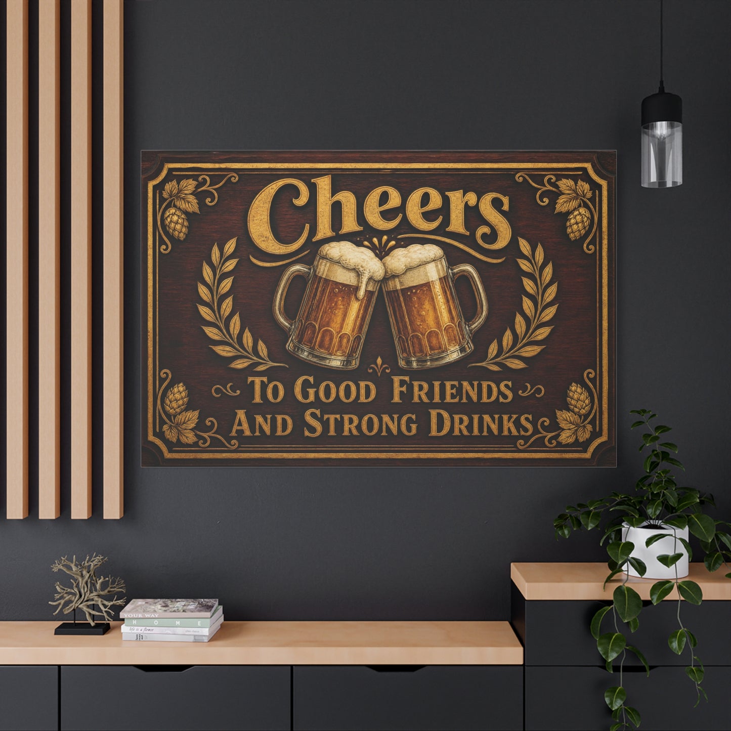 "Cheers To Good Friends And Strong Drinks" Canvas Wall Art - Vintage Beer Mug Pub Sign, Rustic Bar Decor, Brown Gold Typography Print, Man Cave Wall Hanging, Kitchen Dining Room Accent - Ready to Hang