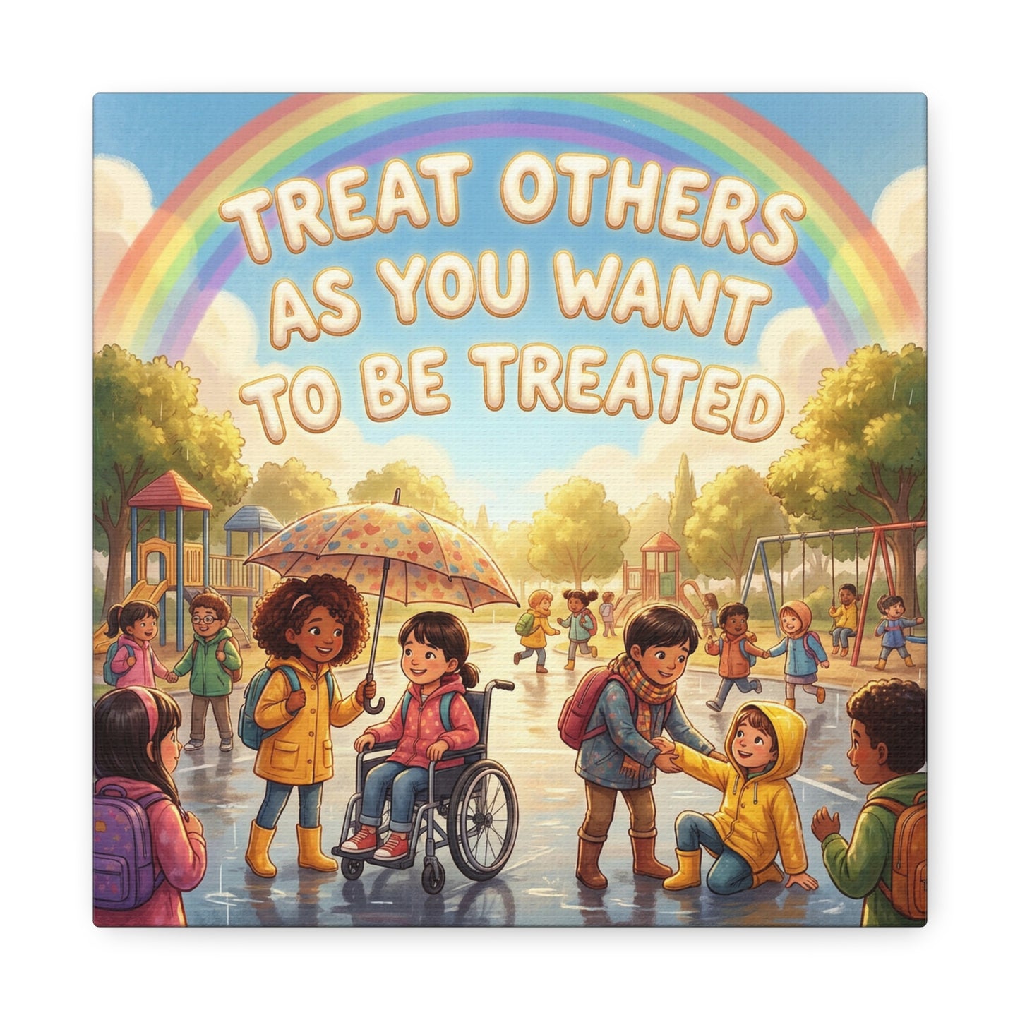 Kindness Quote Canvas Wall Art - Rainbow Playground Children Illustration Print - Inclusive Classroom Decor, Kids Room Wall Hanging, School Counselor Office Poster, Bohemian Nursery Accent