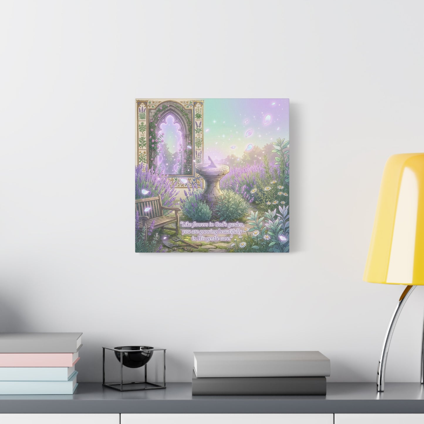 "Like Flowers In God's Garden, You Are Growing Beautifully In His Gentle Care" Canvas Wall Art - Lavender Garden Arch, Sundial Bench - Pastel Botanical Decor For Bedroom Living Room - Office Wall Art