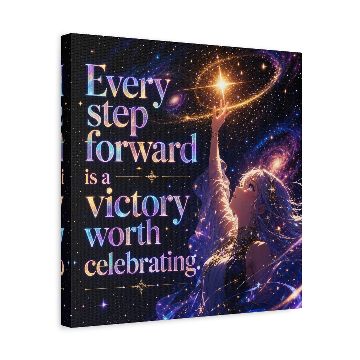 "Every Step Forward Is A Victory Worth Celebrating" Inspirational Canvas Wall Art - Cosmic Anime Girl Galaxy Quote Print - Celestial Purple Blue Decor - Bedroom Home Decoration - Office Wall Art
