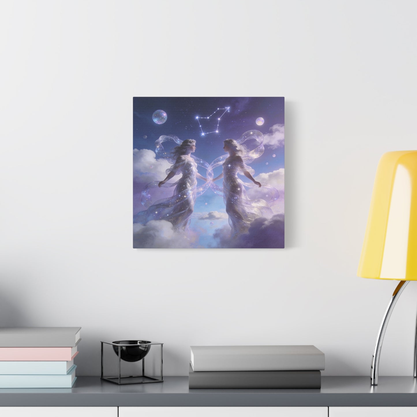 Gemini Zodiac Canvas Wall Art - Celestial Twin Women Under Constellation, Dreamy Fantasy Sky Scene - Matte Cotton Art Print - Bedroom Wall Decor, Meditation Space Accent - Bedroom Home Decoration