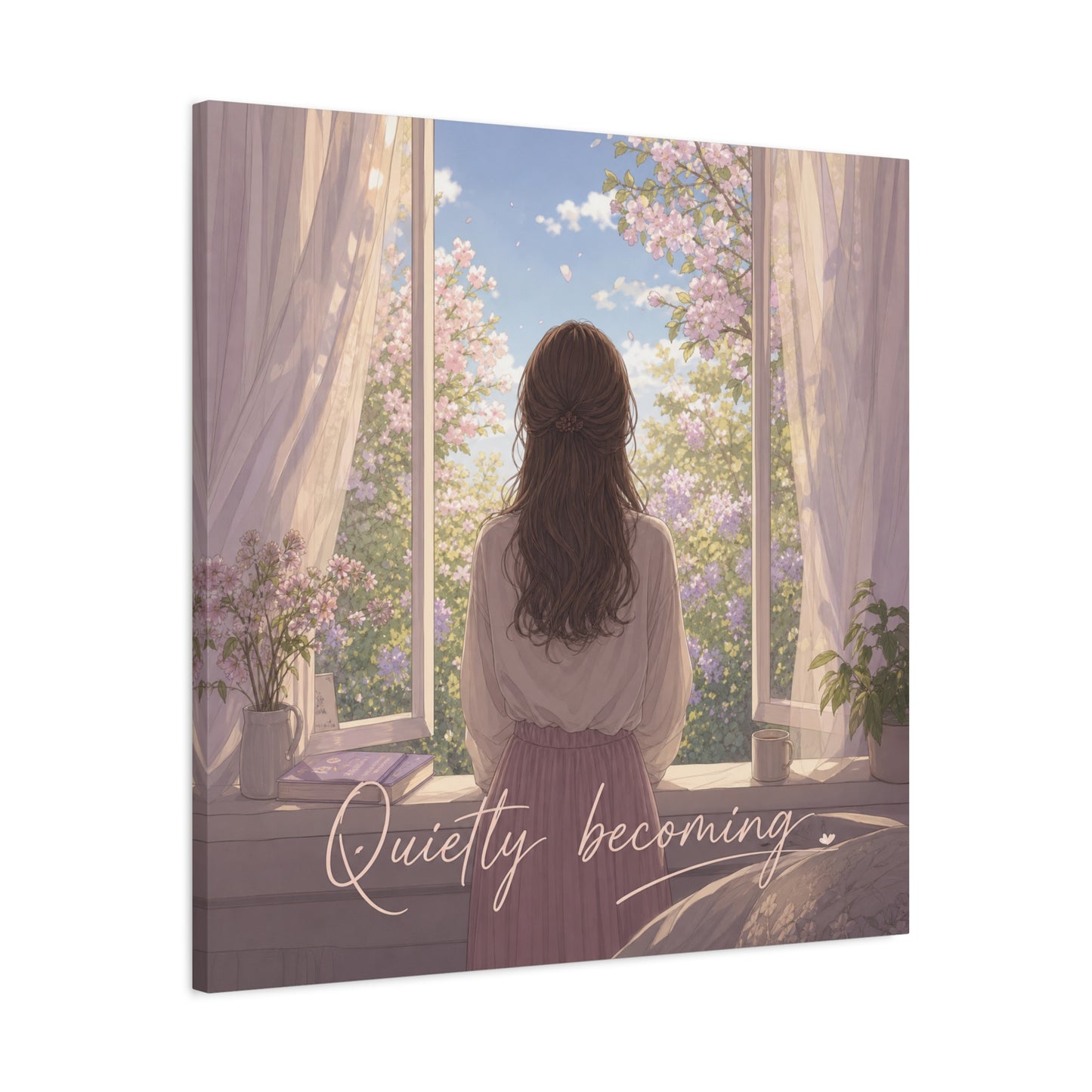 "Quietly Becoming" Girl At Window Canvas Wall Art - Cherry Blossom Bedroom Decor, Soft Pastel Inspirational Print, Dreamy Feminine Room Decoration - Bedroom Home Decoration - Living Room Wall Decor