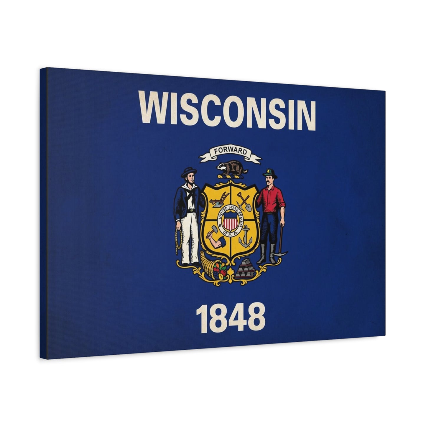 "Wisconsin" 1848 State Flag Canvas Wall Art - Wisconsin Pride Decor, Vintage Typography Banner Print - Patriotic Blue Wall Decor - Living Room Home Decoration - Ready to Hang - Bedroom Home Decoration