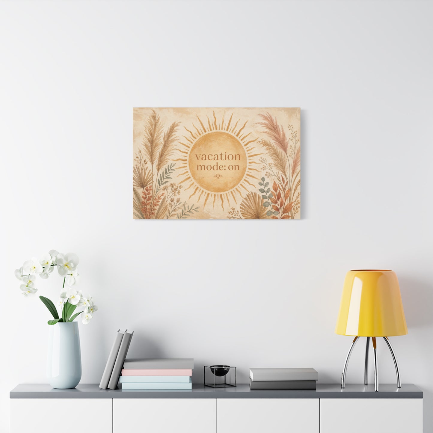 "Vacation Mode: On" Sun Quote Canvas Wall Art - Boho Botanical Typography Print, Neutral Pampas Grass Decor, Coastal Bedroom Wall Hanging, Living Room Home Decoration, Vacation Rental Accent