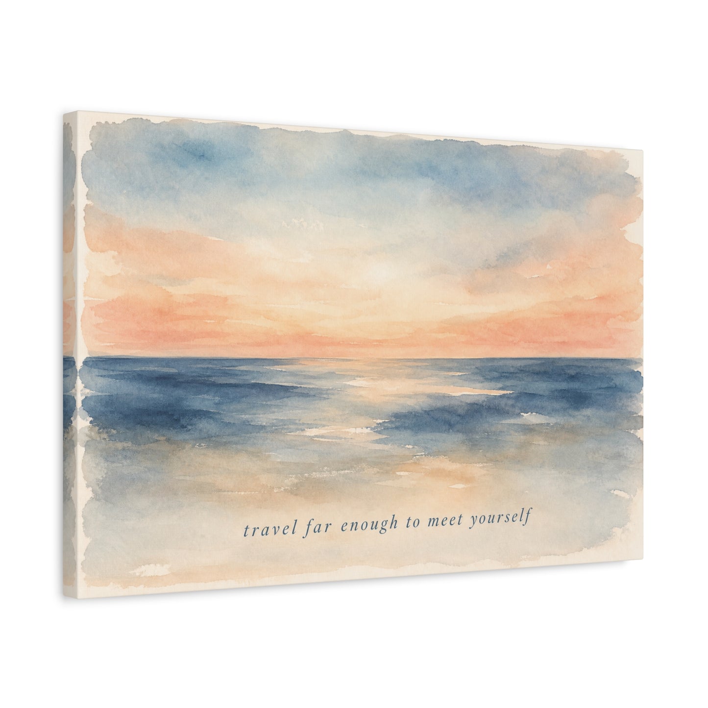 "Travel Far Enough To Meet Yourself" Coastal Canvas Wall Art - Watercolor Ocean Sunset Quote Print - Serene Beach Seascape Decor - Bedroom Living Room Wall Decor - Bedroom Home Decoration