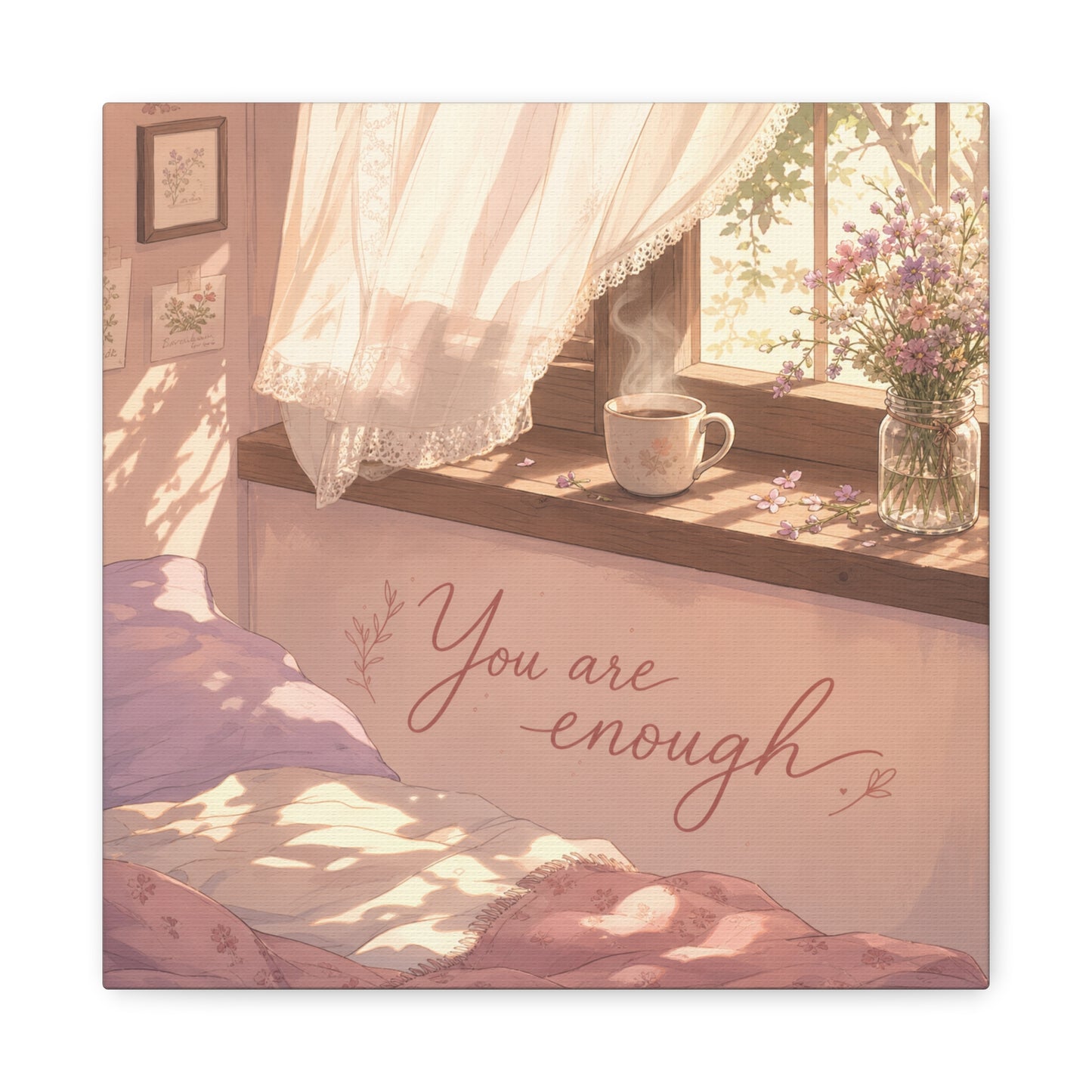 "You Are Enough" Inspirational Canvas Wall Art - Sunlit Bedroom Window Flowers, Cozy Pink Cottagecore Decor - Matte Affirmation Print - Bedroom Home Decoration, Teen Room Accent - Office Wall Art
