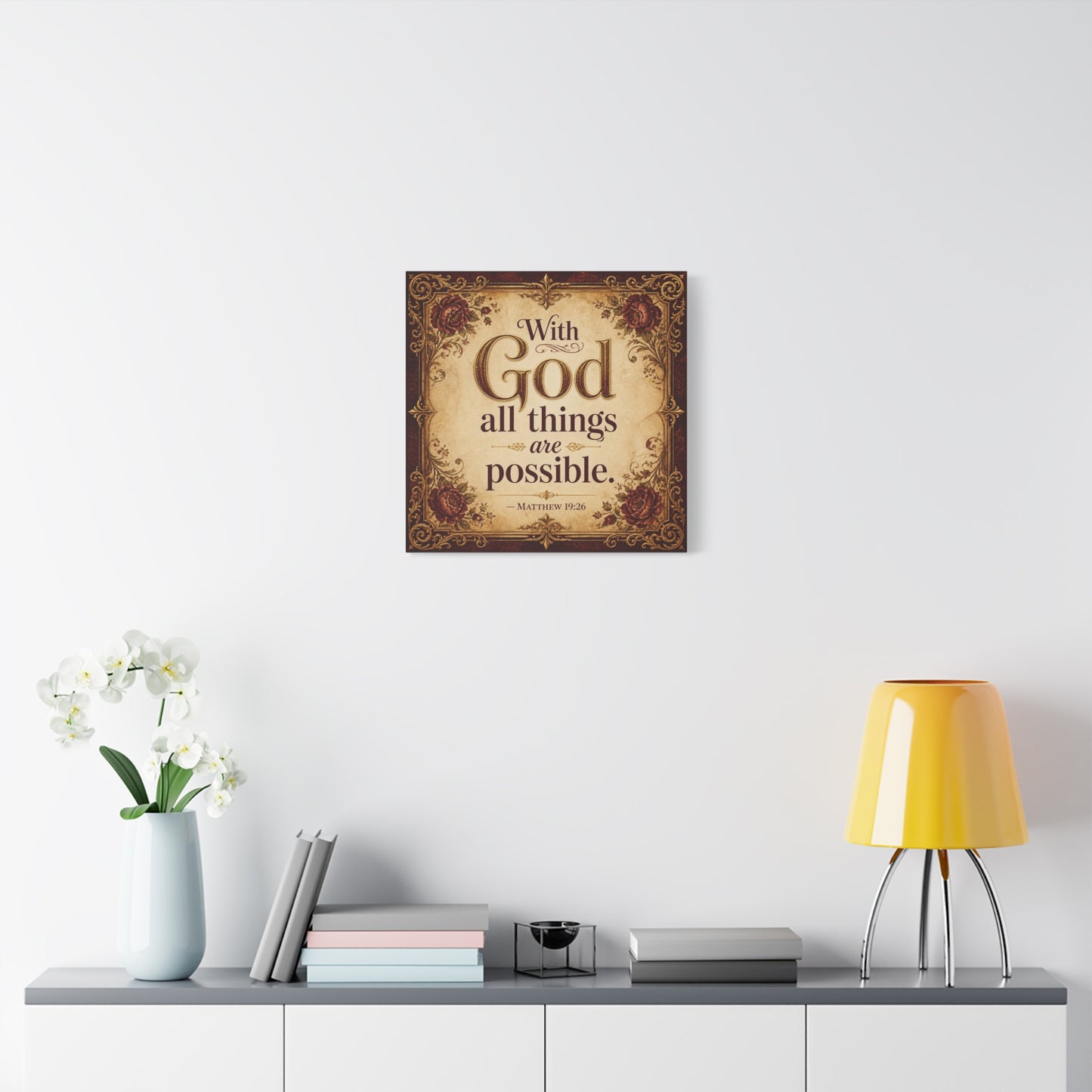 "With God All Things Are Possible. - Matthew 19:26" Christian Canvas Wall Art - Vintage Floral Scripture Print, Traditional Inspirational Decor, Living Room Bedroom Wall Hanging - Ready to Hang