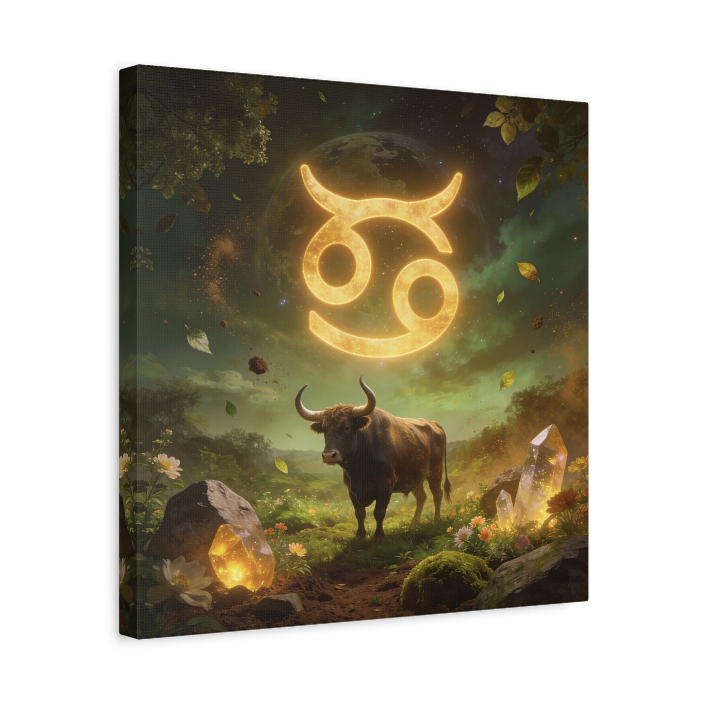 Cancer Zodiac Canvas Wall Art - Glowing Astrology Symbol, Bull And Crystal Fantasy Scene - Celestial Green Gold Illustration - Bedroom Home Decoration, Meditation Space Accent - Living Room Wall Decor