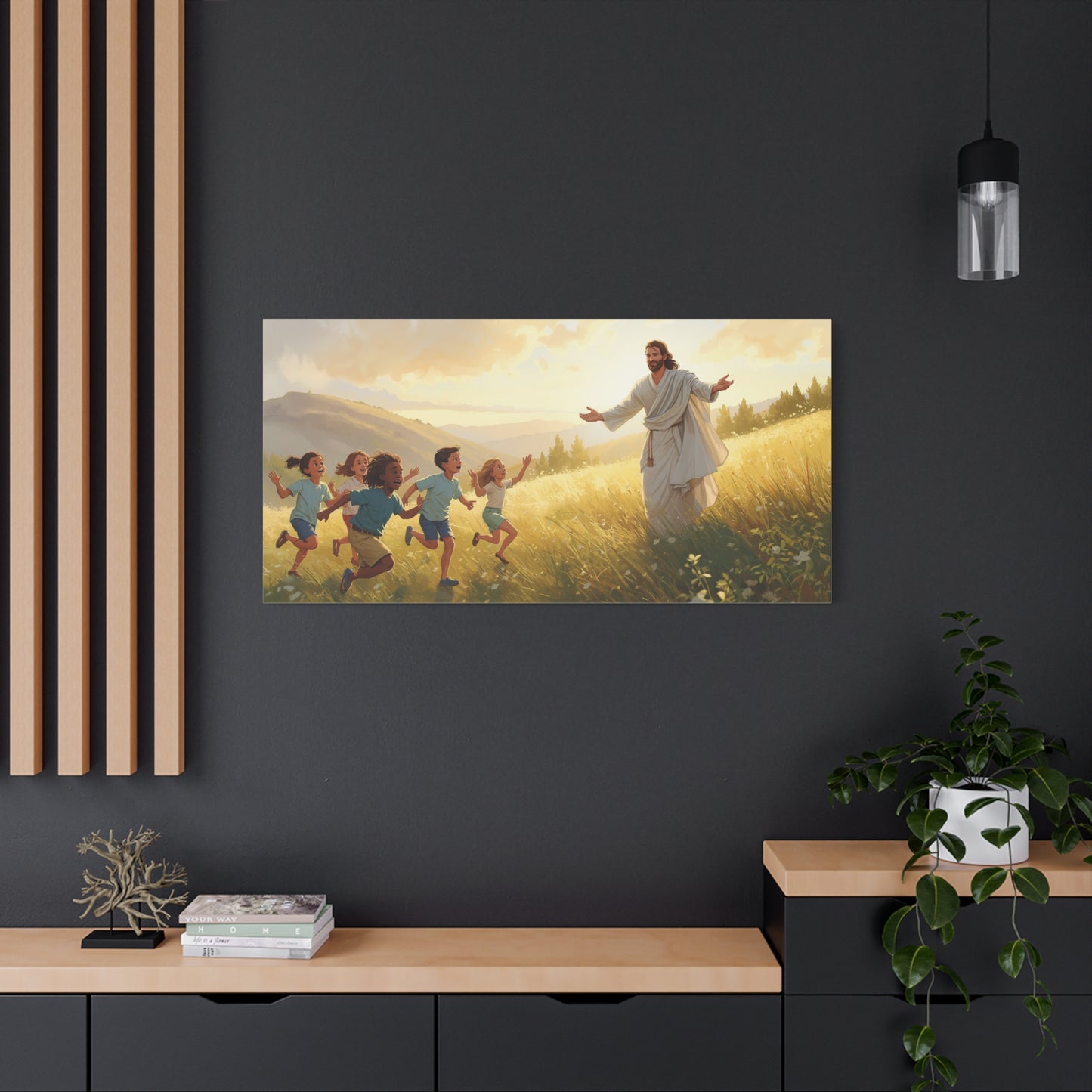 Jesus Christ With Children Canvas Wall Art - Golden Meadow Landscape, Christian Home Decor Print - Matte Cotton Canvas - Traditional Style For Living Room Bedroom Office - Living Room Wall Decor