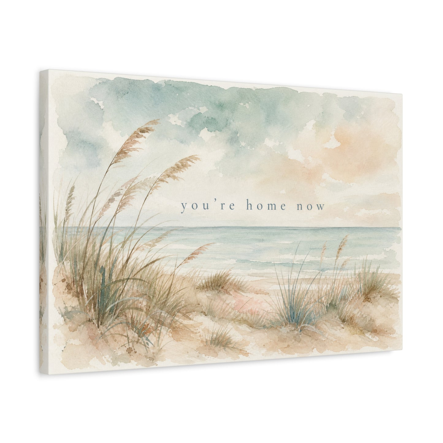 "You'Re Home Now" Coastal Canvas Wall Art - Beach Dune Watercolor Seascape - Soft Blue Beige Shore Scene - Traditional Coastal Style - Living Room Wall Decor, Bedroom Home Decoration - Ready to Hang