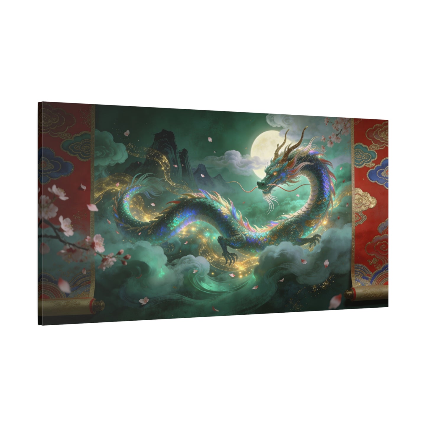 Moonlit Chinese Dragon Canvas Wall Art - Fantasy Cloudscape, Cherry Blossoms, Gold Accents - Luminous Asian Illustration - Living Room Wall Decor, Bedroom Home Decoration - Bedroom Home Decoration
