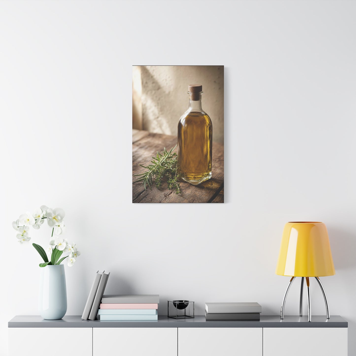Olive Oil Bottle Canvas Wall Art - Rustic Kitchen Still Life, Rosemary Herb Art Print - Warm Neutral Farmhouse Style - Dining Room Wall Decor, Pantry Home Accent - Bedroom Home Decoration