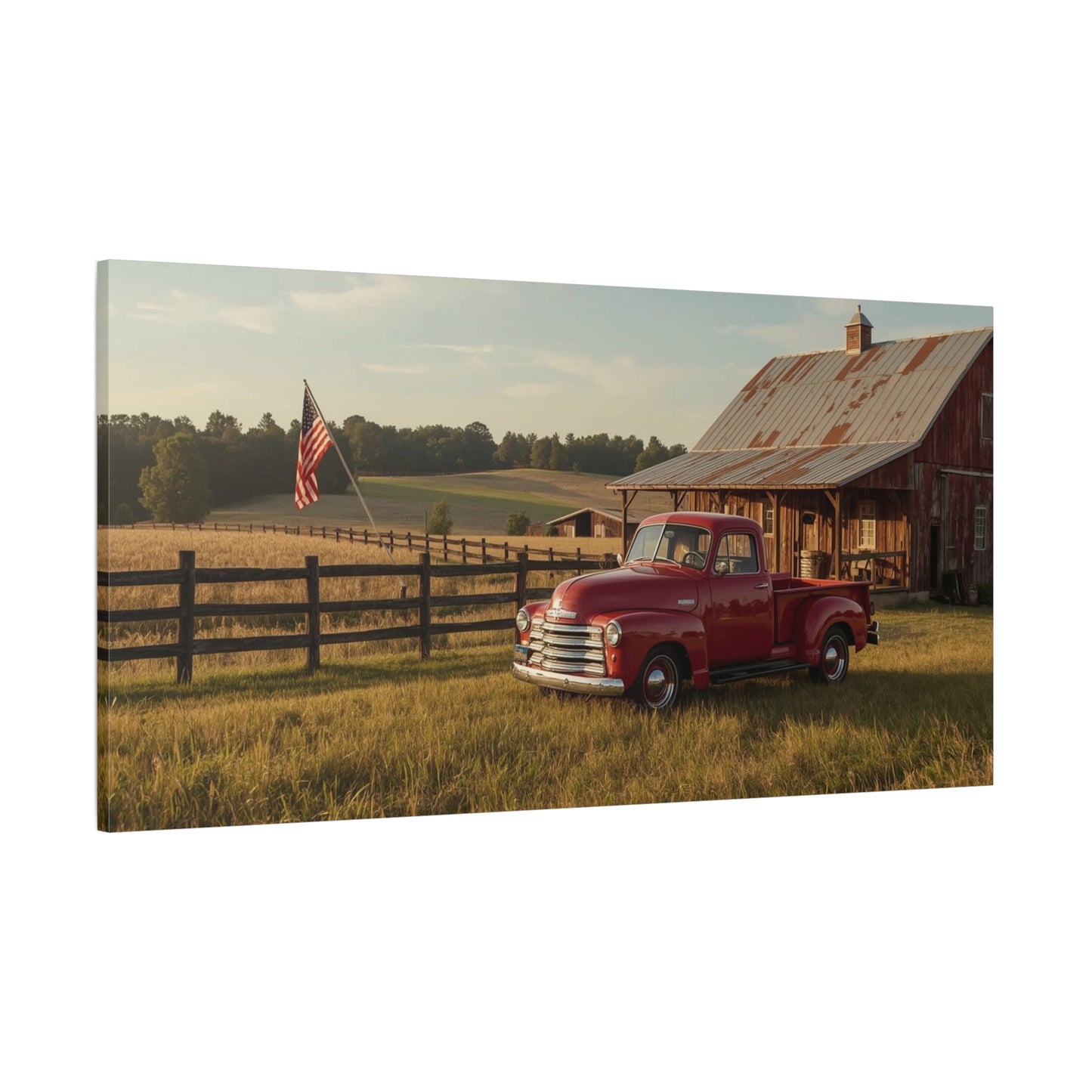 Red Vintage Pickup Truck Canvas Wall Art - Rustic Barn, American Flag Farm Landscape - Country Art Print, Traditional Style - Living Room Wall Decor, Office Art Accent - Modern Farmhouse Style