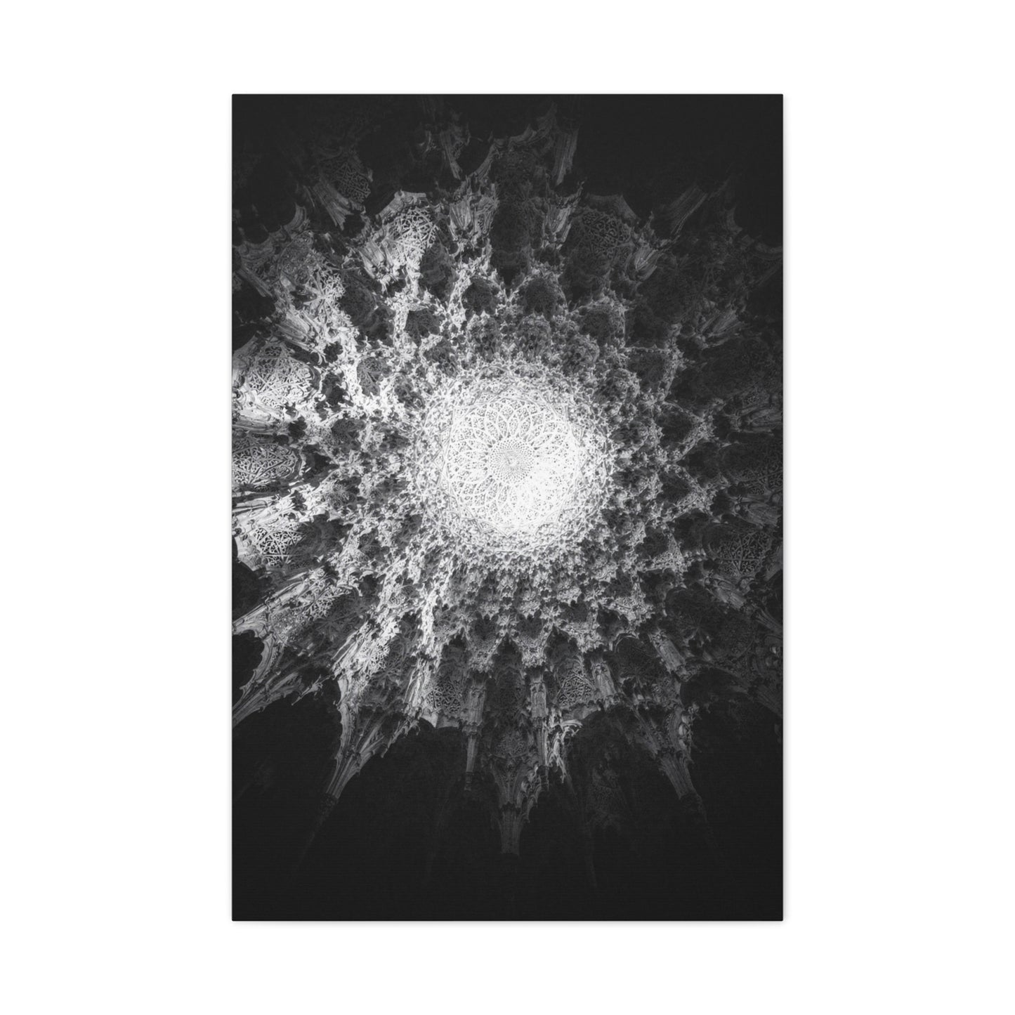 Abstract Black White Canvas Wall Art - Monochrome Fractal Mandala Design, Architectural Spiral Light - Matte Cotton Art Print - Contemporary Decor For Living Room, Bedroom, Office Accent