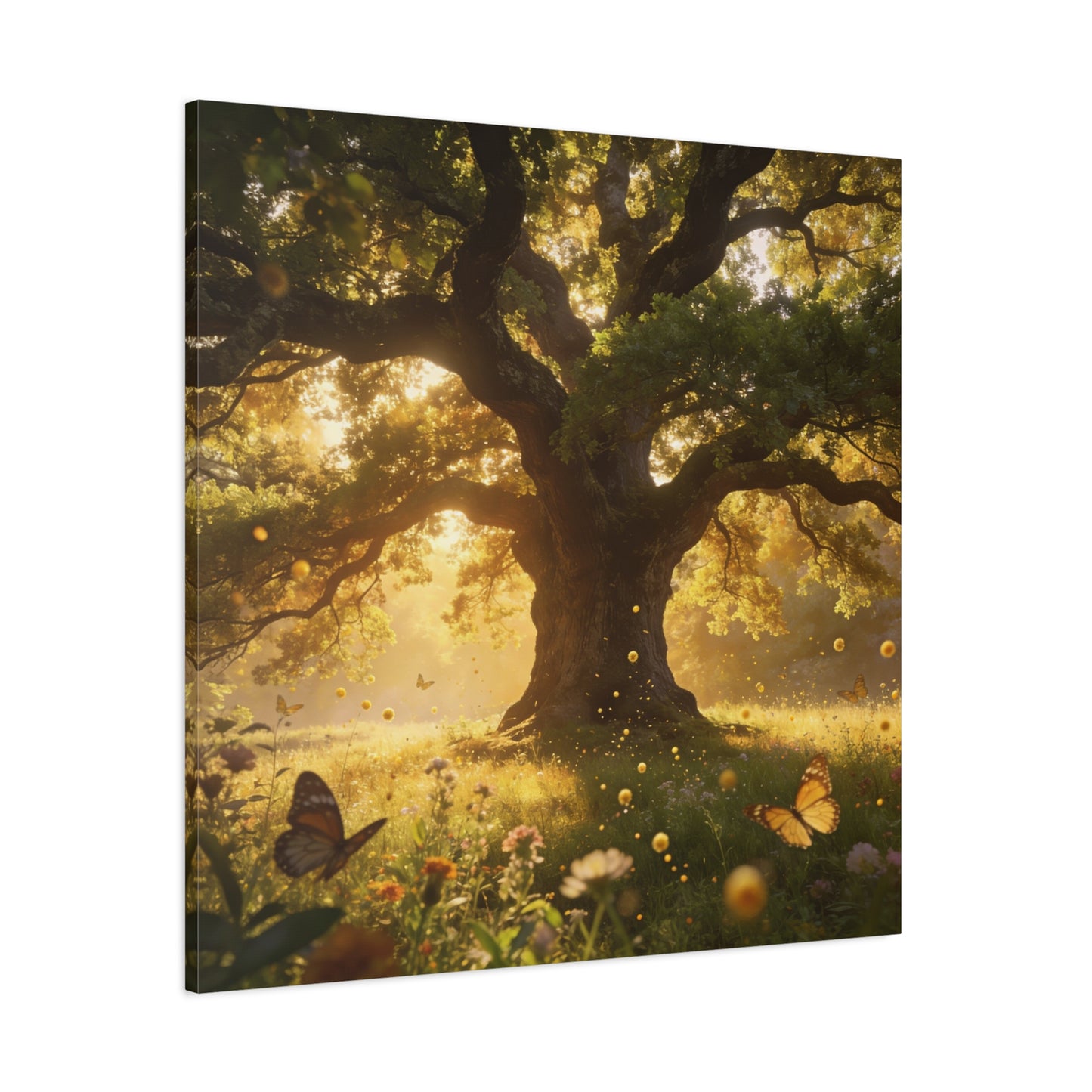 Sunlit Oak Tree Canvas Wall Art - Golden Meadow Butterflies, Nature Landscape Print - Matte Cotton Art Print, Traditional Style - Living Room Wall Decor, Bedroom Home Decoration - Ready to Hang