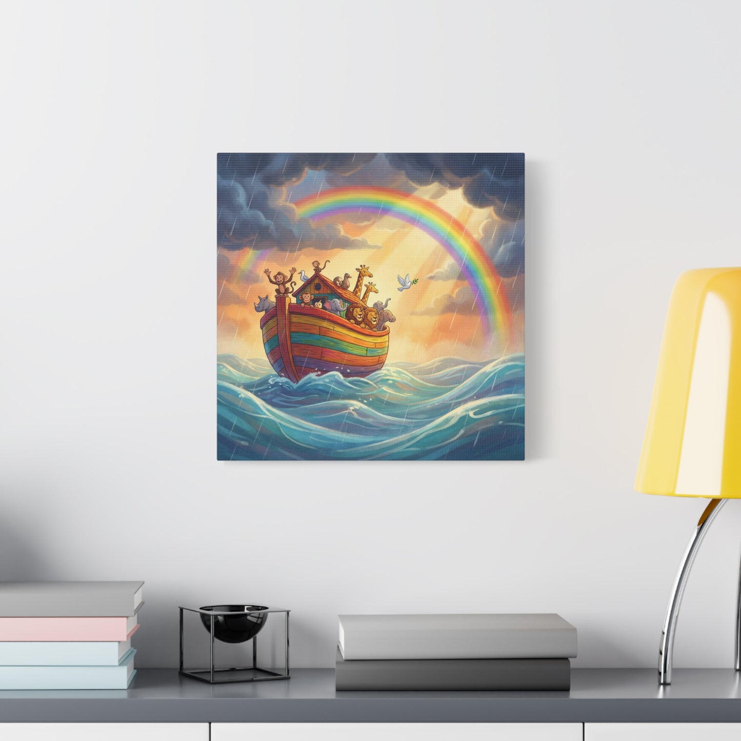 Noahs Ark Canvas Wall Art - Rainbow Animal Boat Nursery Decor - Cotton Canvas Print, Kids Bedroom Home Decoration, Playroom Wall Hanging, Biblical Story Illustration, Classroom Accent - Ready to Hang