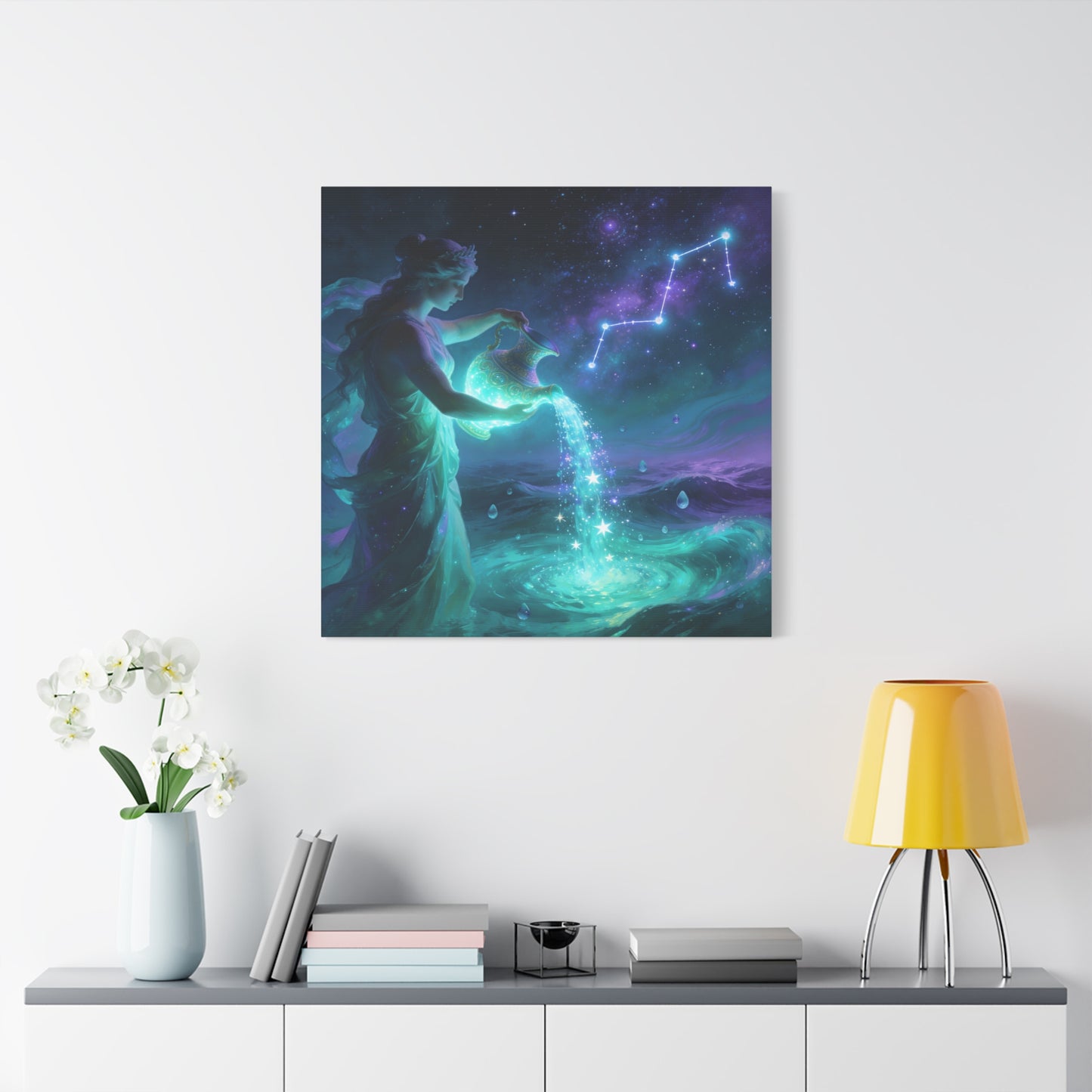Aquarius Goddess Canvas Wall Art - Zodiac Water Bearer Celestial Galaxy Illustration - Mystical Purple Blue Fantasy Decor - Bedroom Home Decoration, Living Room Wall Decor - Bedroom Home Decoration