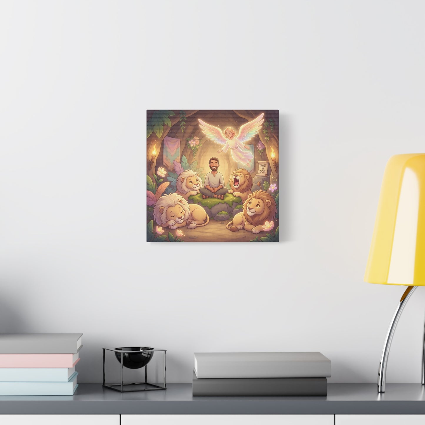 "Trust In God" Christian Canvas Wall Art - Angel, Man With Lions Cave Scene - Pastel Nursery Decor, Matte Cotton Print - Kids Bedroom Wall Decor, Playroom Home Decoration - Ready to Hang