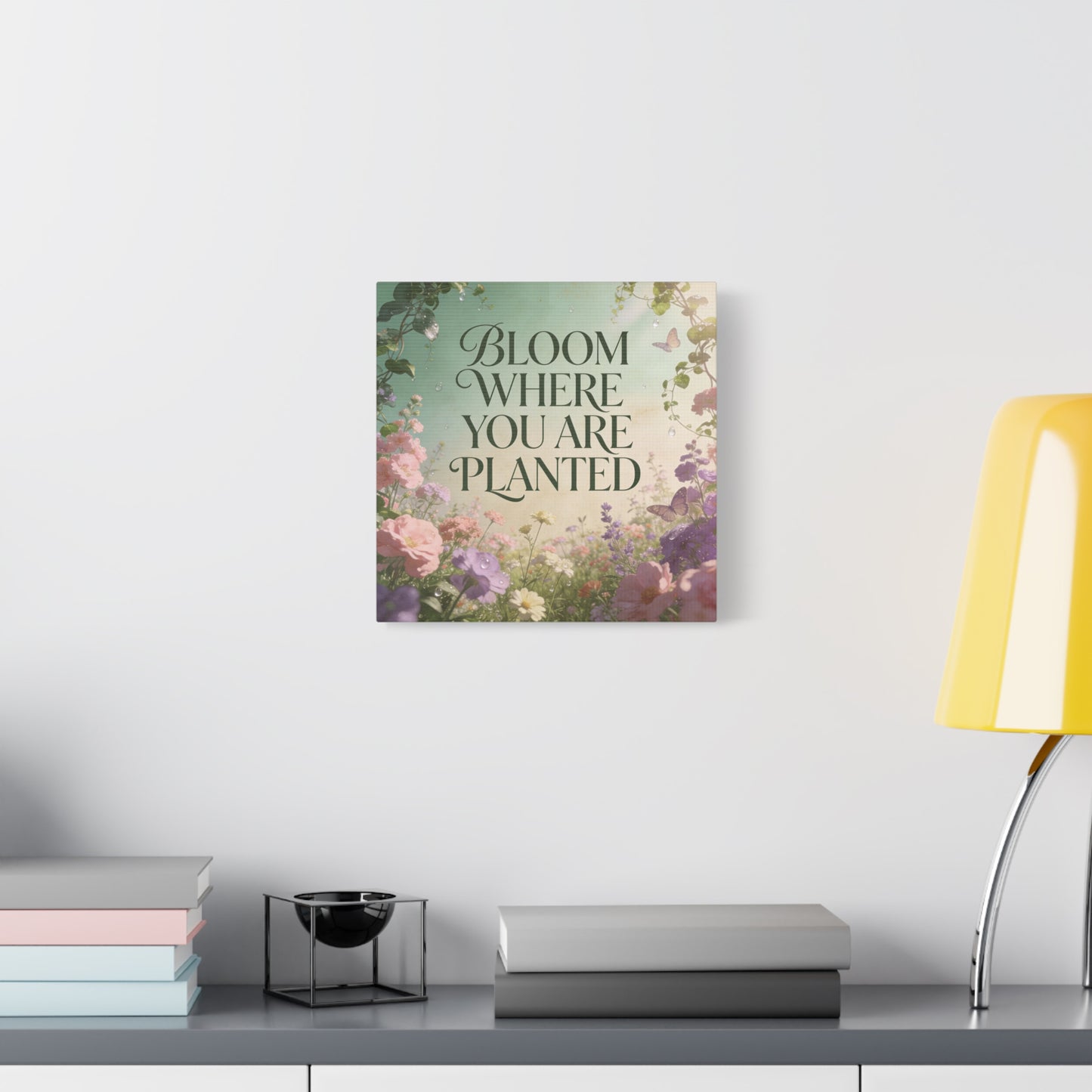 "Bloom Where You Are Planted" Inspirational Canvas Wall Art - Floral Butterfly Quote Print, Pastel Garden Typography Decor, Modern Farmhouse Style, Bedroom Home Decoration - Living Room Wall Decor