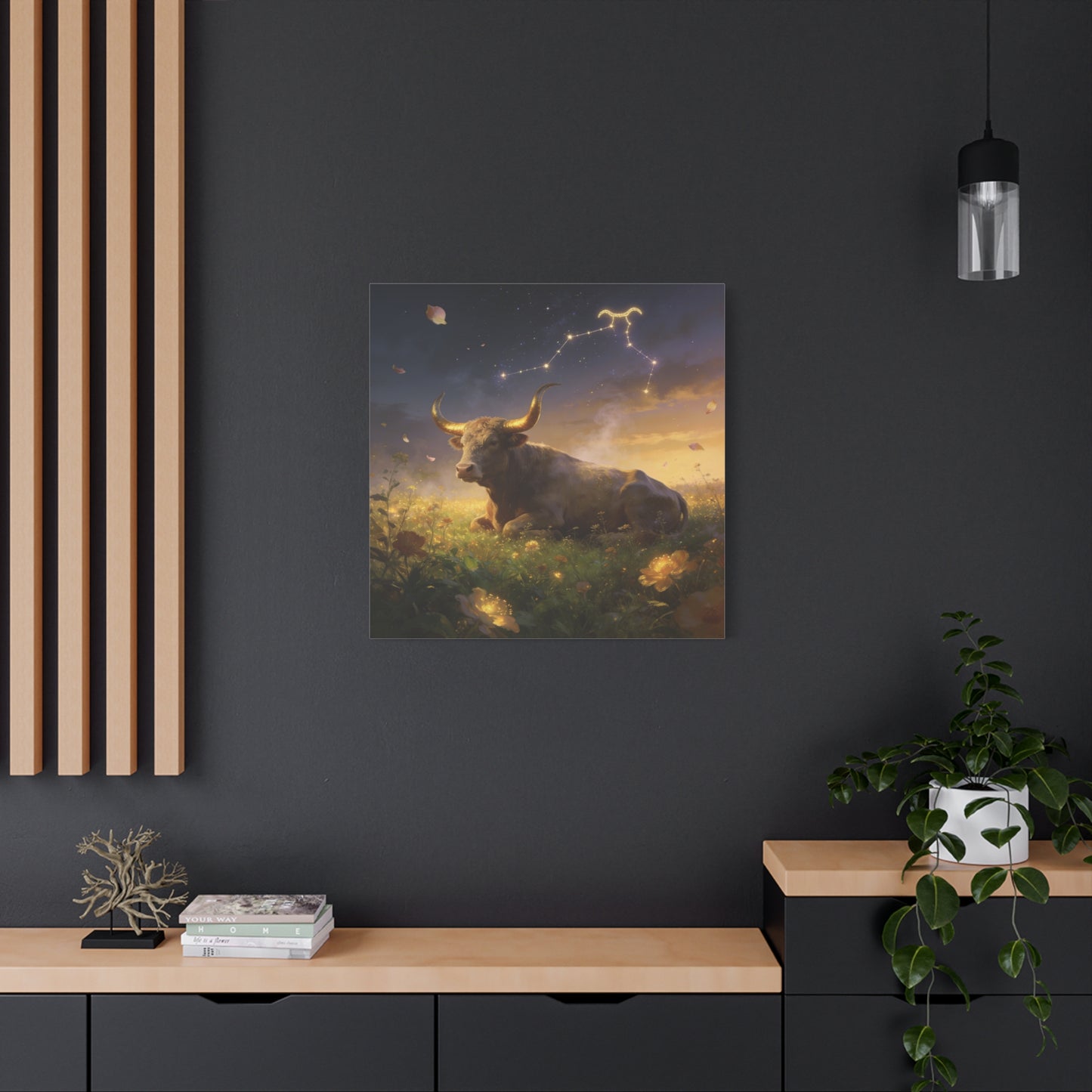 Taurus Zodiac Bull Canvas Wall Art - Celestial Constellation Night Meadow, Golden Horns, Dreamy Illustration - Matte Cotton Print - Bedroom Home Decoration, Office Wall Decor - Bedroom Home Decoration