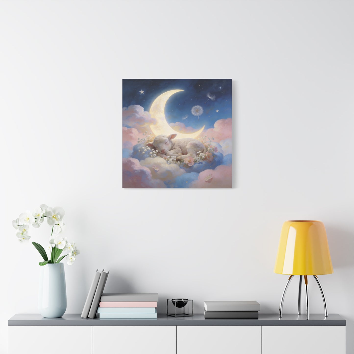 Sleeping Lamb Canvas Wall Art - Crescent Moon, Stars, Pink Clouds Nursery Decor - Dreamy Pastel Animal Painting, Bedroom Home Decoration, Bohemian Wall Hanging, Kids Room Accent - Ready to Hang