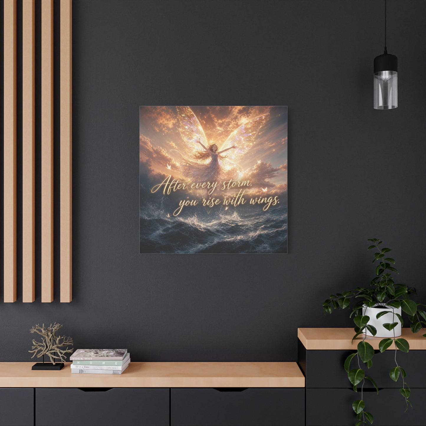 "After Every Storm, You Rise With Wings." Fairy Canvas Wall Art - Inspirational Ocean Sky Quote Print - Golden Ethereal Fantasy Decor - Bedroom Wall Hanging, Living Room Accent - Ready to Hang