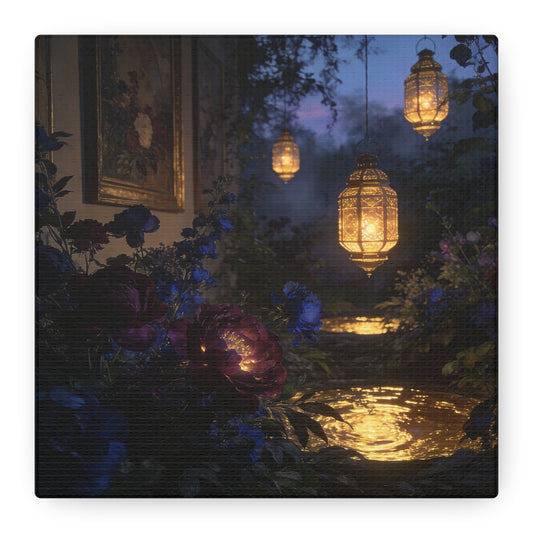Lantern Garden Canvas Wall Art - Twilight Floral Courtyard, Glowing Water Reflections - Moody Botanical Night Scene, Matte Canvas Print - Bedroom Wall Decor, Living Room Accent - Cozy Reading Nook Art
