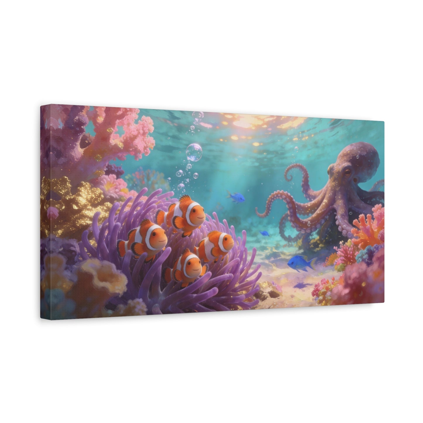 Clownfish And Octopus Canvas Wall Art - Whimsical Underwater Coral Reef Scene, Ocean Nursery Decor, Coastal Style, Matte Canvas Print, Bedroom Decoration, Playroom Accent, Office Art - Ready to Hang