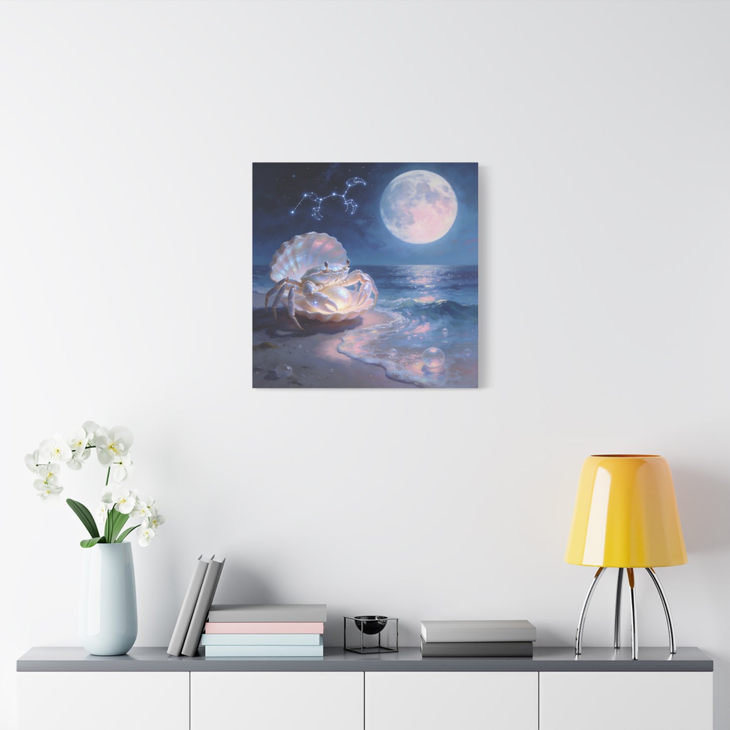Moonlit Crab Canvas Wall Art - Zodiac Cancer Seascape, Pearl Shell Ocean Night Decor - Dreamy Coastal Illustration, capiz shells wall decor, Bedroom Home Decoration - Bedroom Home Decoration