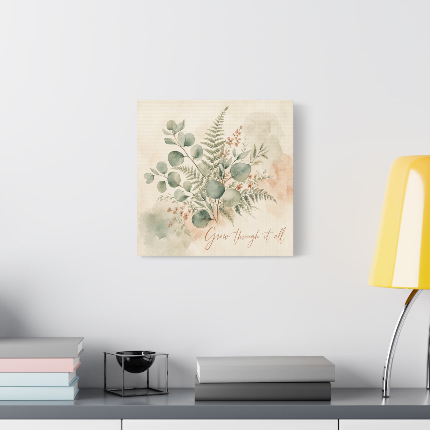 "Grow Through It All" Botanical Canvas Wall Art - Eucalyptus Fern Watercolor Quote Print, Sage Green Floral Home Decor - Modern Farmhouse Style, Bedroom Wall Hanging - Ready to Hang - Ready to Hang