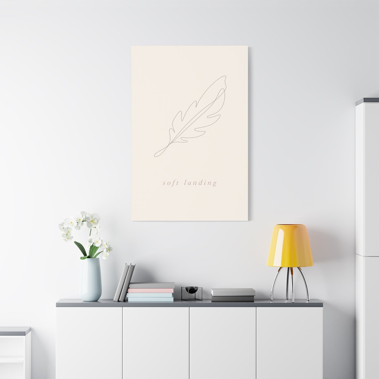 "Soft Landing" Feather Canvas Wall Art - Minimalist Line Drawing, Neutral Beige Cotton Print - Contemporary Bedroom Wall Decor, Nursery Home Decoration, Calming Office Accent - Bedroom Home Decoration