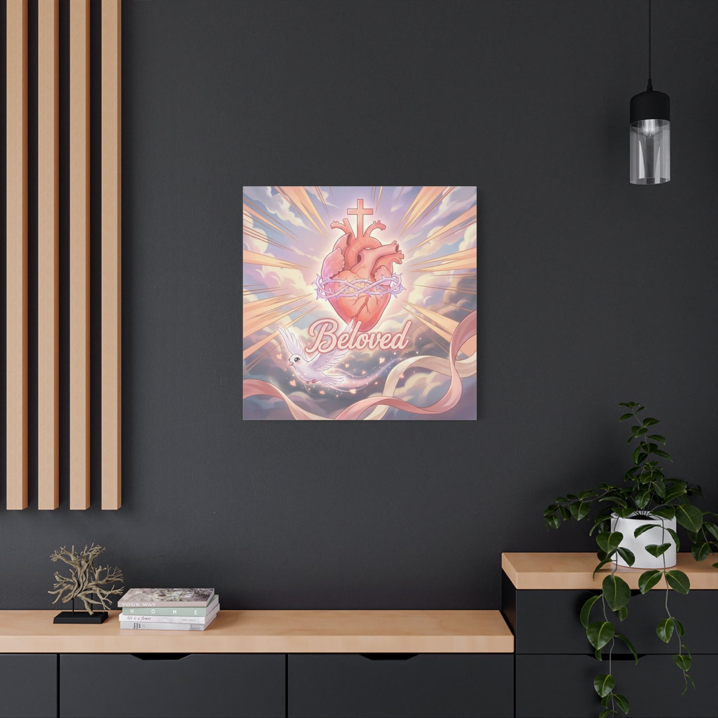 "Beloved" Sacred Heart Canvas Wall Art - Cross, Dove, Crown Of Thorns Christian Decor - Pink Pastel Religious Print - Inspirational Bedroom Home Decoration, Living Room Wall Decor - Ready to Hang