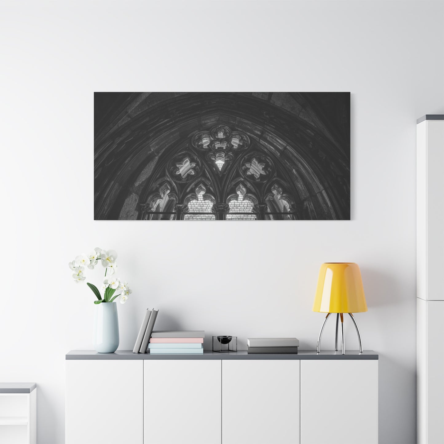 Gothic Cathedral Arch Canvas Wall Art - Black And White Architectural Art Print - Moody Stone Tracery, Matte Finish - Living Room Wall Decor, Office Art Accent - Bedroom Home Decoration