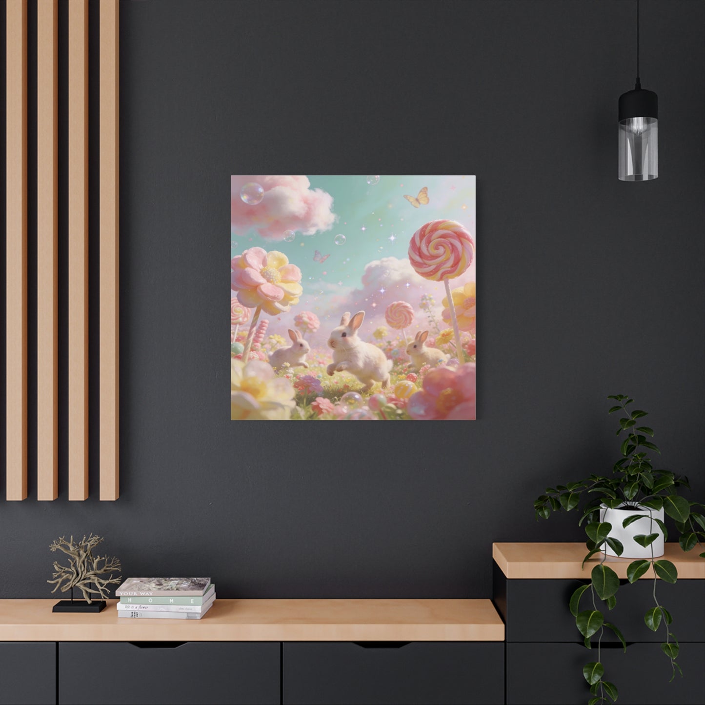 Bunny Candyland Canvas Wall Art - Pastel Rabbit Meadow, Lollipop Flowers, Dreamy Nursery Wall Decor - Whimsical Illustration - Bedroom Home Decoration, Kids Room Accent - Bedroom Home Decoration