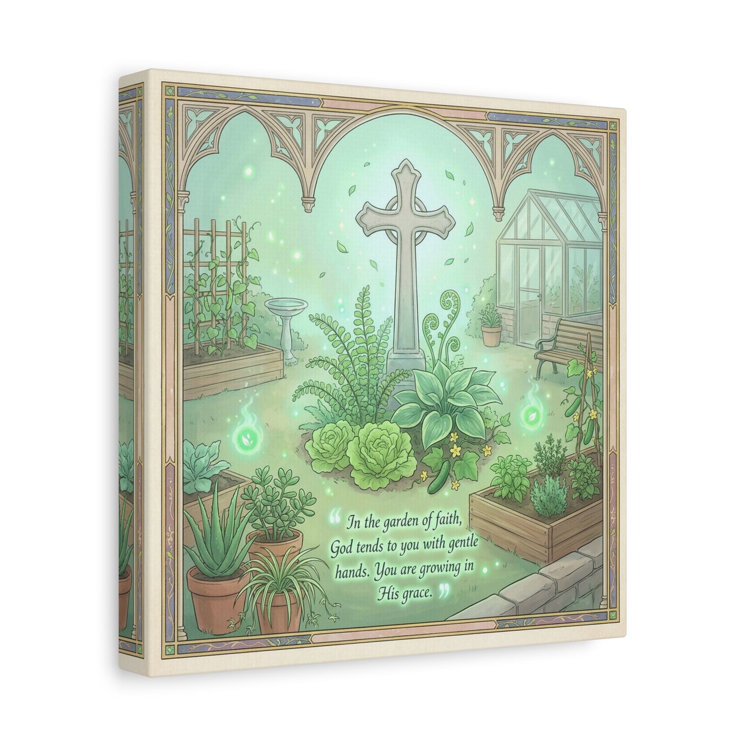 "In The Garden Of Faith" Christian Canvas Wall Art - Cross Garden Quote Print - Botanical Scripture Decor, Matte Cotton Canvas - Traditional Religious Wall Decor For Bedroom Office - Ready to Hang