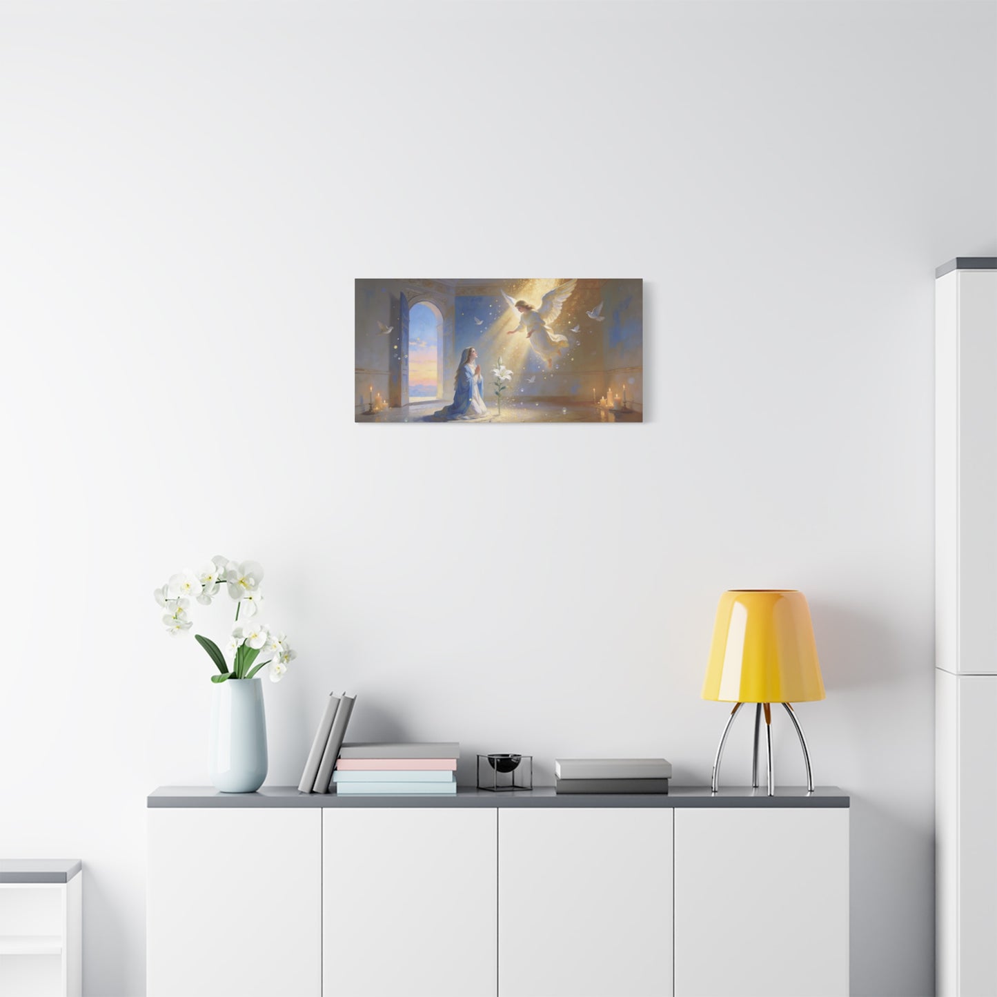 Virgin Mary Angel Canvas Wall Art - Annunciation Religious Print, White Lily, Doves, Golden Light - Traditional Matte Canvas - Bedroom Christian Wall Decor, Meditation Space - Bedroom Home Decoration