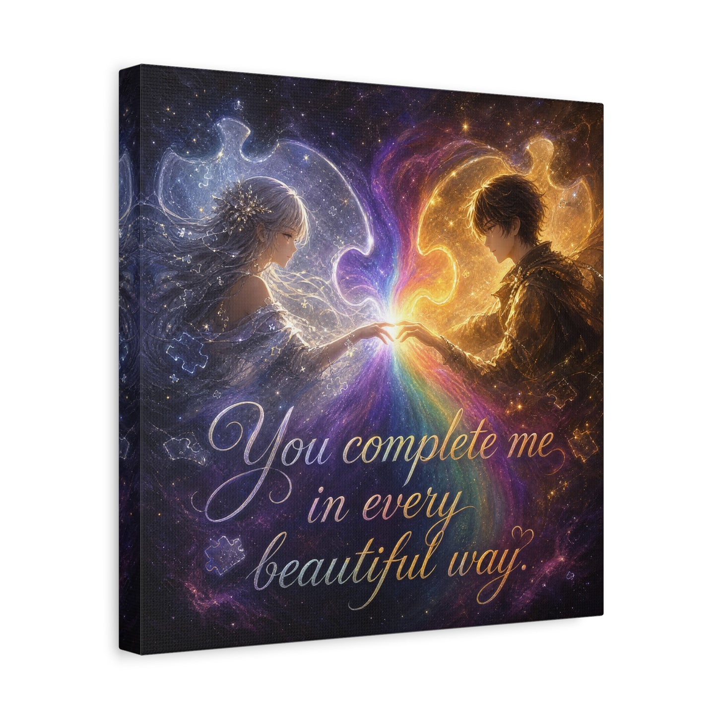 "You Complete Me In Every Beautiful Way" Romantic Couple Canvas Wall Art - Celestial Puzzle Soulmate Quote Print, Fantasy Love Decor - Bedroom Wall Hanging - Ready to Hang - Bedroom Home Decoration