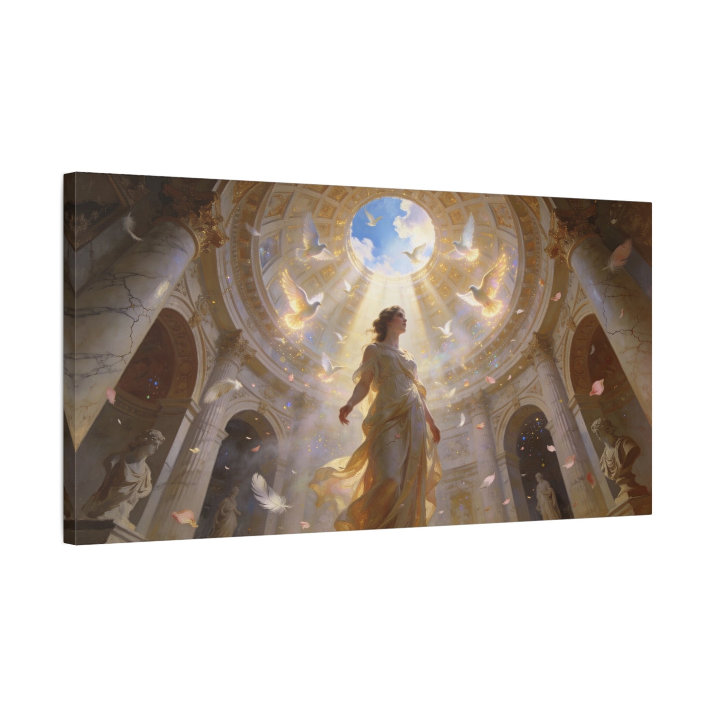 Virgin Mary Canvas Wall Art - Heavenly Doves, Cathedral Dome Light - Matte Cotton Art Print - Traditional Religious Style - Bedroom Wall Decor, Meditation Space Accent - Bedroom Home Decoration