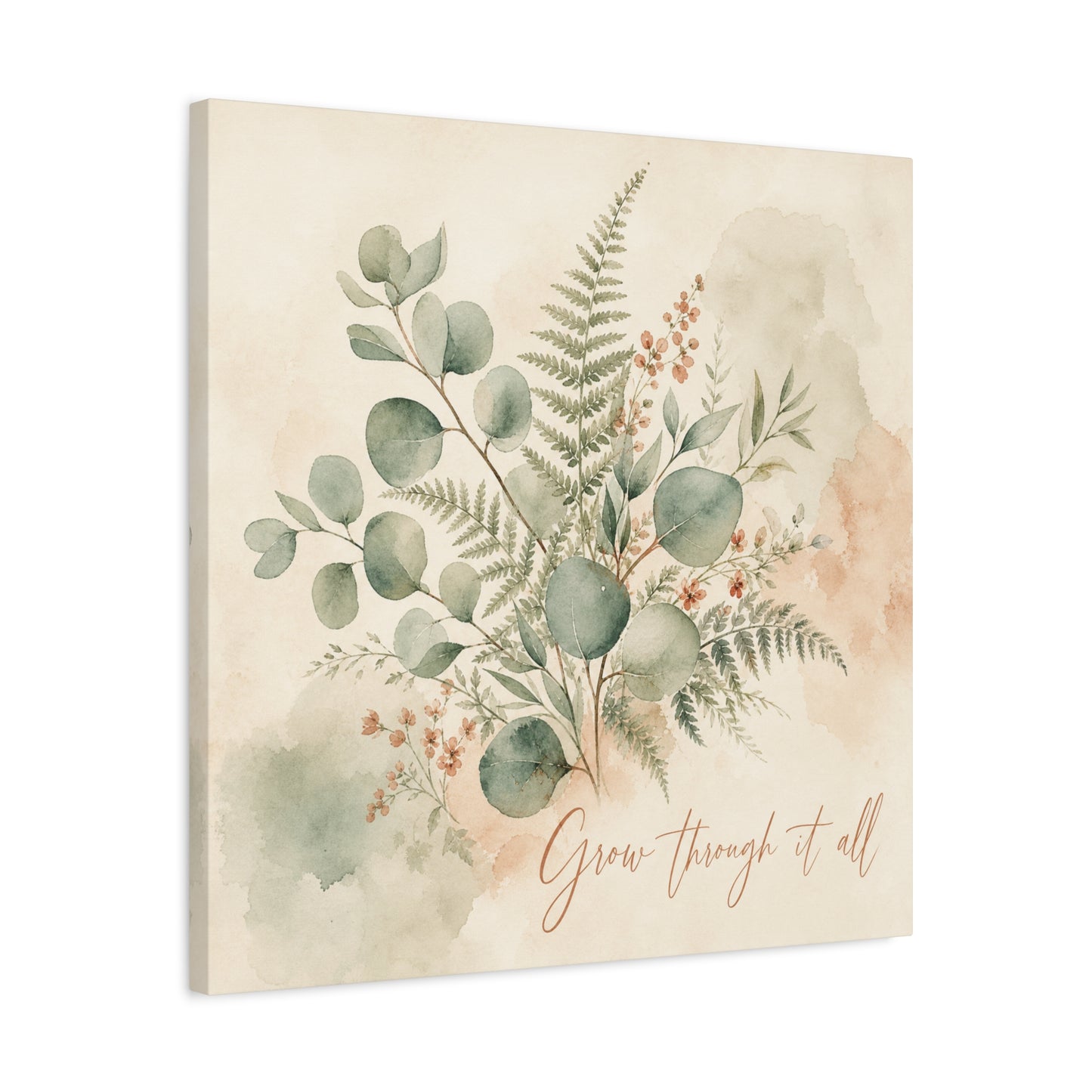 "Grow Through It All" Botanical Canvas Wall Art - Eucalyptus Fern Watercolor Quote Print, Sage Green Floral Home Decor - Modern Farmhouse Style, Bedroom Wall Hanging - Ready to Hang - Ready to Hang