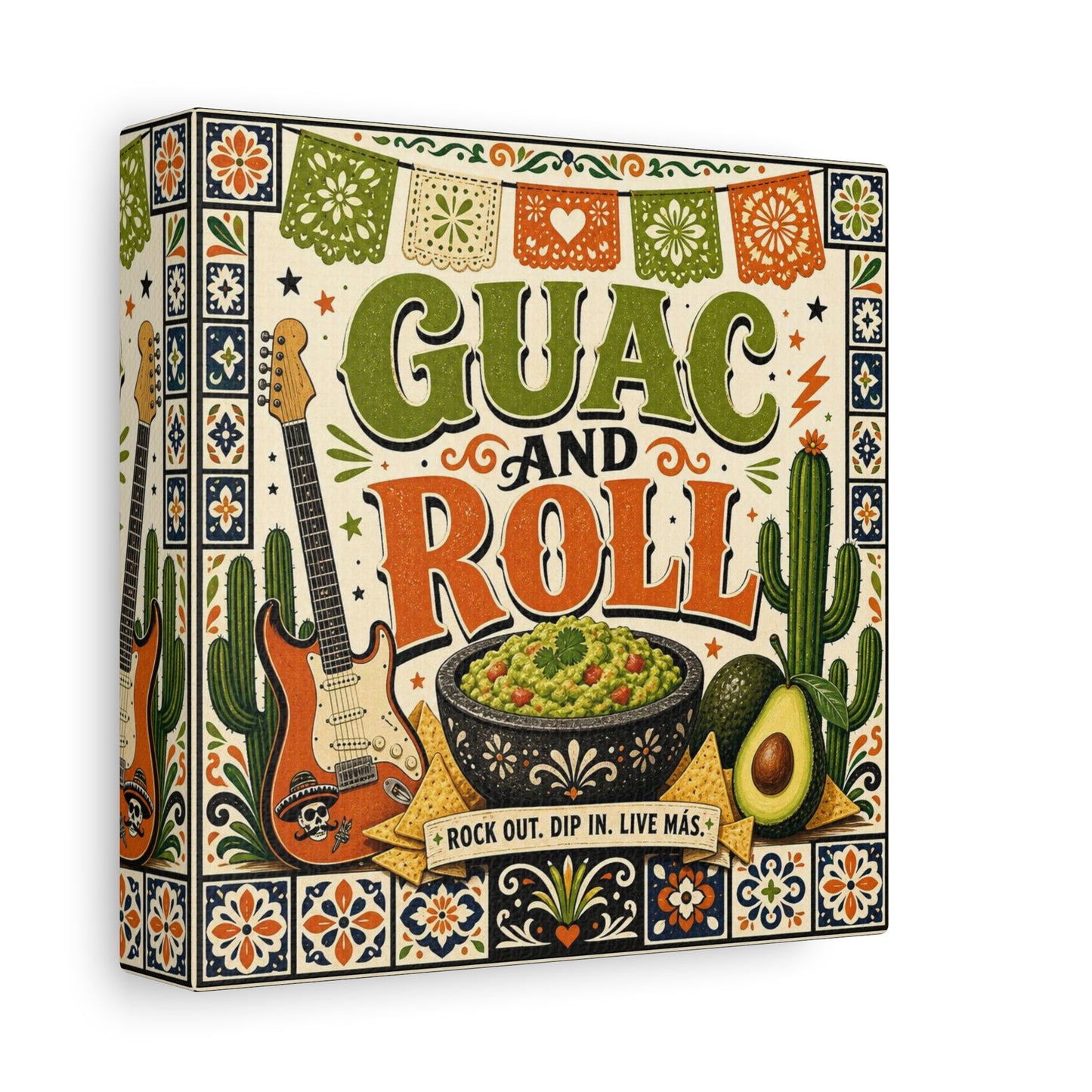 "Guac And Roll" Typography Canvas Wall Art - Fiesta Guitar, Cactus, Avocado Folk Illustration - Bohemian Rustic Style - Kitchen Wall Decor, Dining Room Accent, Cafe Wall Decor - Modern Farmhouse Style
