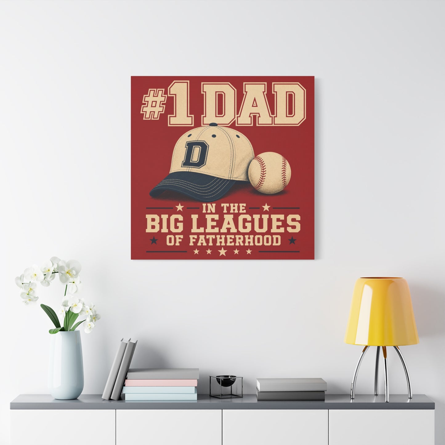 "#1 Dad In The Big Leagues Of Fatherhood" Baseball Canvas Wall Art - Vintage Sports Typography, Cap And Ball Illustration - Rustic Americana Style - Living Room Wall Decor - Bedroom Home Decoration