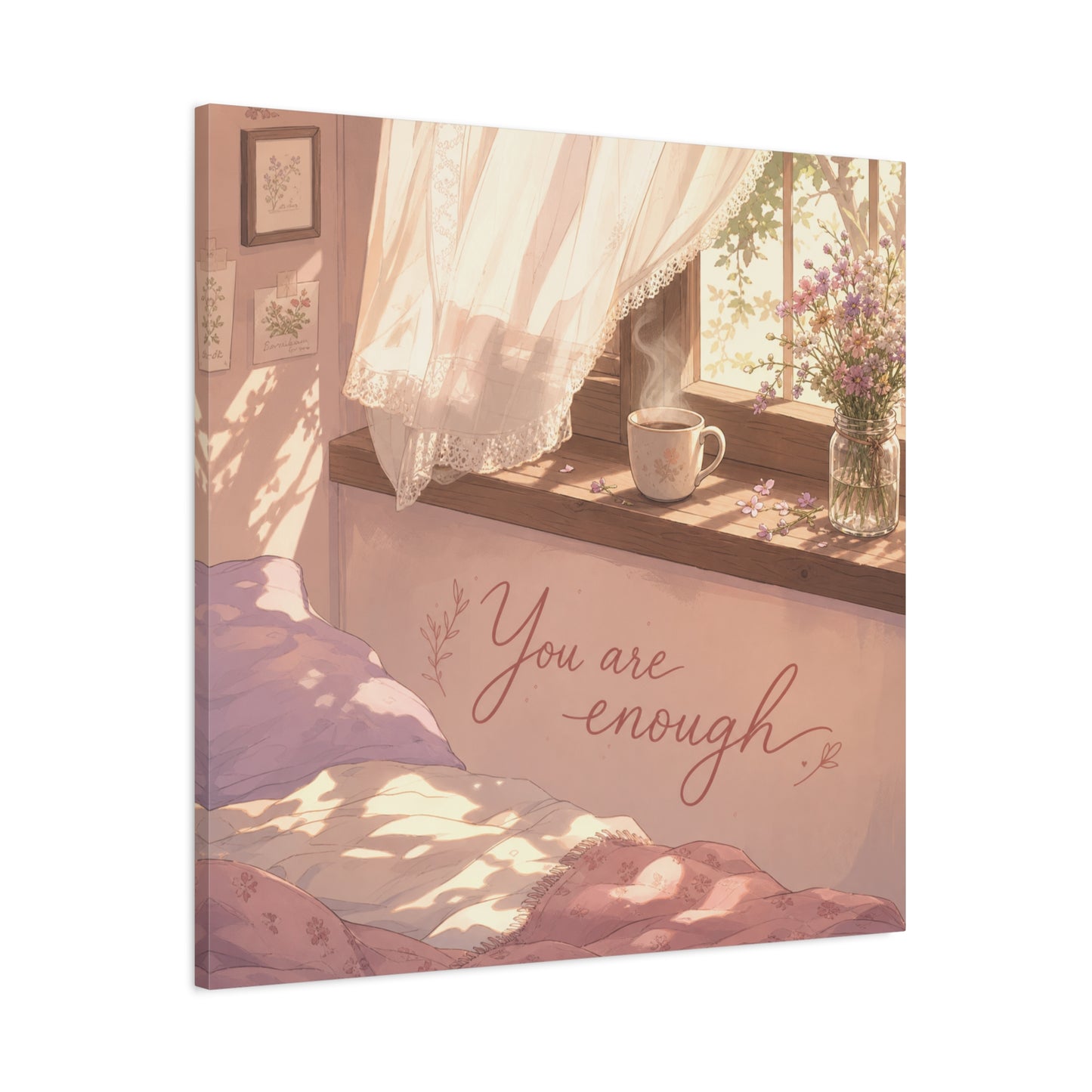 "You Are Enough" Inspirational Canvas Wall Art - Sunlit Bedroom Window Flowers, Cozy Pink Cottagecore Decor - Matte Affirmation Print - Bedroom Home Decoration, Teen Room Accent - Office Wall Art