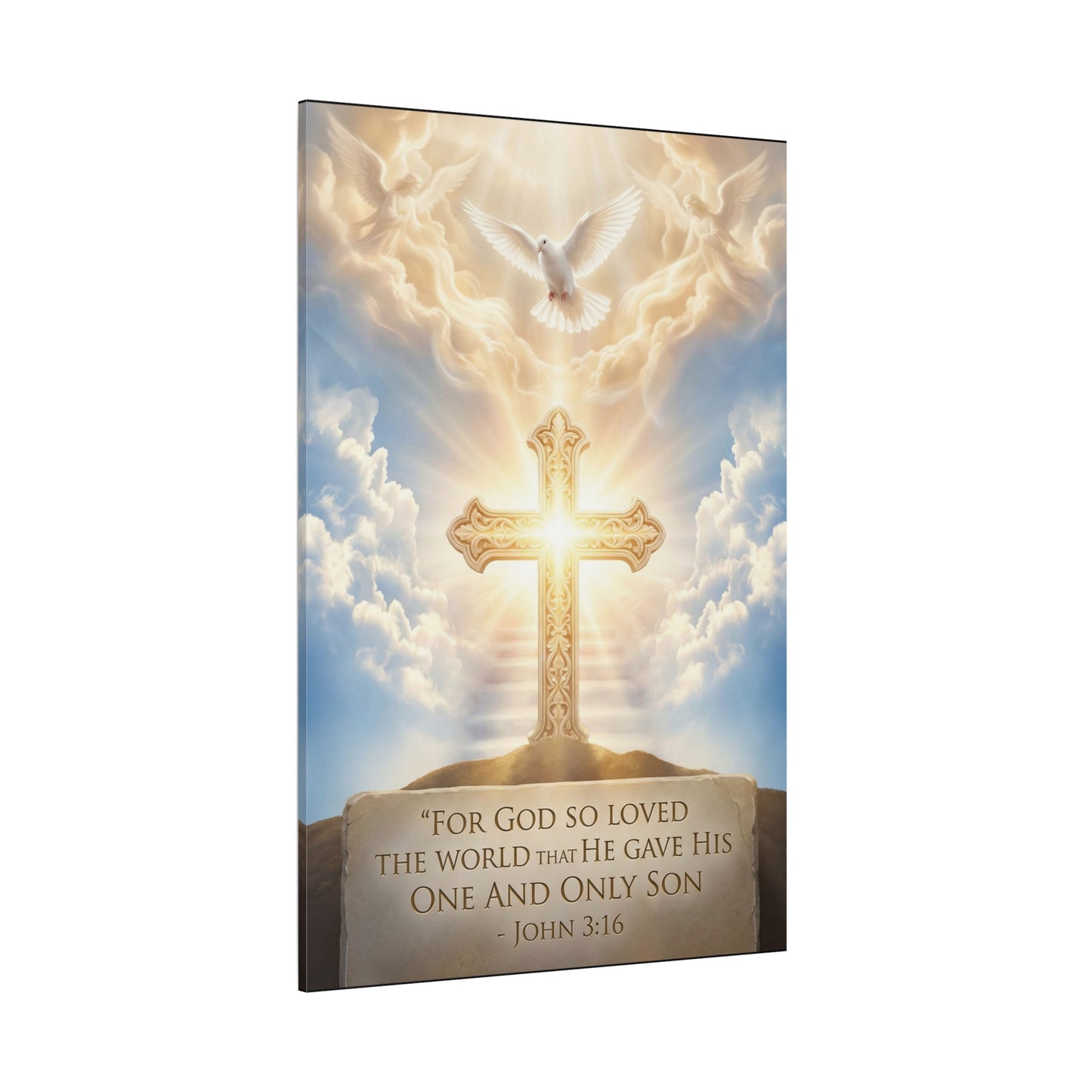 "For God So Loved The World That He Gave His One And Only Son" Christian Canvas Wall Art - Glowing Cross, Dove And Angels - Traditional Religious Wall Decor - Bedroom Living Room - Ready to Hang