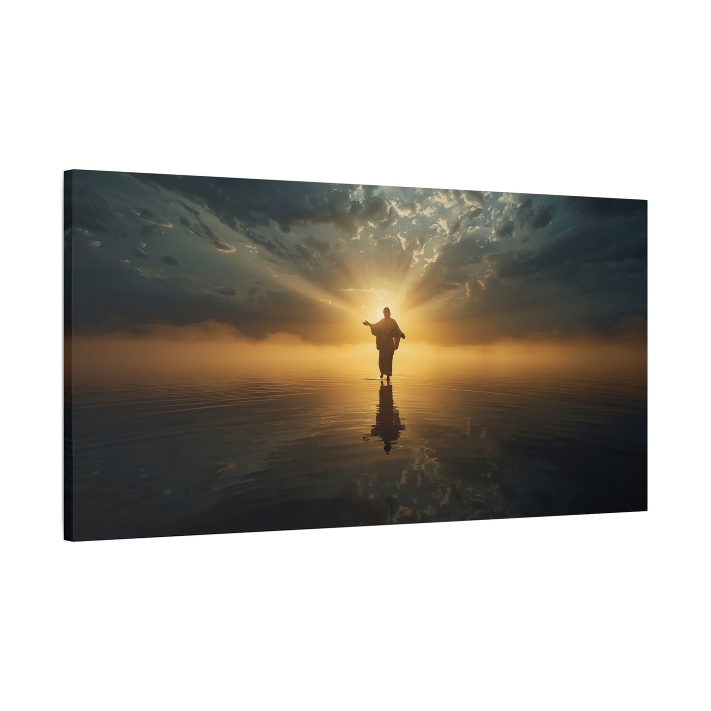 Jesus Christ Canvas Wall Art - Walking On Water At Sunrise, Dramatic Sky Reflection - Matte Cotton Print - Religious Home Decor For Living Room, Bedroom, Office Wall Accent - Bedroom Home Decoration