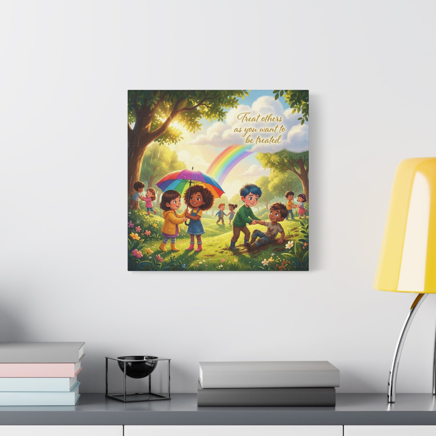 "Treat Others As You Want To Be Treated" Kids Canvas Wall Art - Rainbow Kindness Quote, Children Helping In Sunny Park - Matte Cotton Print - Playroom Classroom Decor, Nursery Wall Hanging