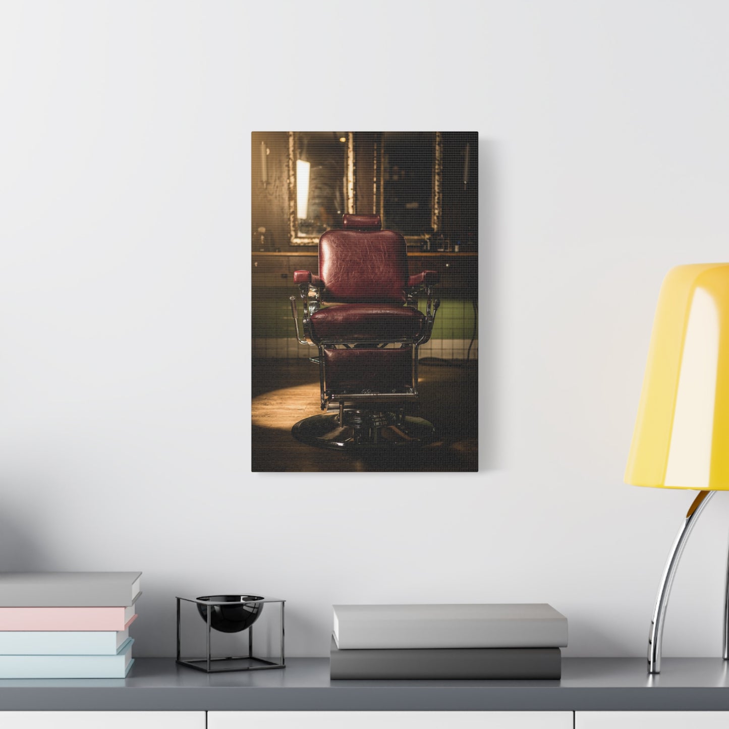 Vintage Barber Chair Canvas Print - Moody Barbershop Interior Art Print, Burgundy Leather Seat, Warm Cinematic Lighting - Rustic Contemporary Decor - Salon Wall Accent, Home Office Display