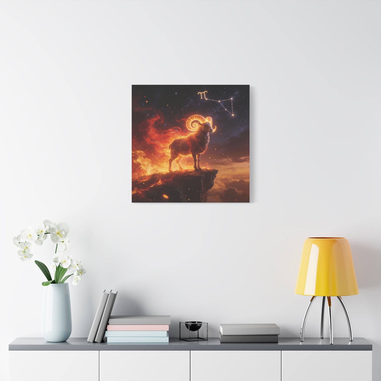 Aries Ram Canvas Wall Art - Fiery Zodiac Constellation Celestial Animal Print - Glowing Horns, Cosmic Night Sky - Contemporary Fantasy Style - Bedroom Home Decoration Office Wall Art - Ready to Hang
