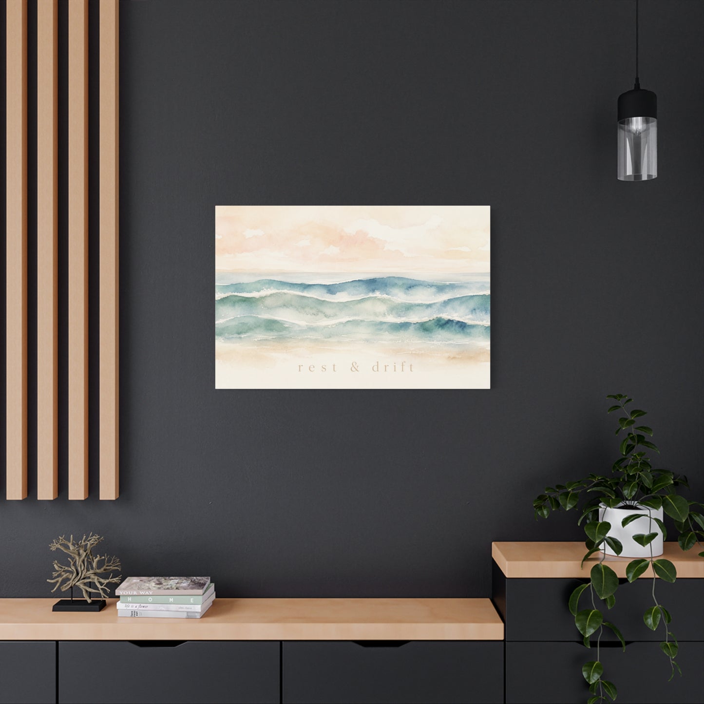"Rest & Drift" Coastal Ocean Waves Canvas Wall Art - Watercolor Seascape Beach Decor - Serene Pastel Blue And Peach - Bedroom Home Decoration, Living Room Accent, Jellyfish Room Decor - Ready to Hang